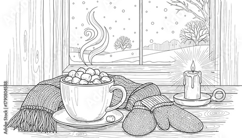 Cozy winter scene with hot chocolate mittens and candle by the window coloring page