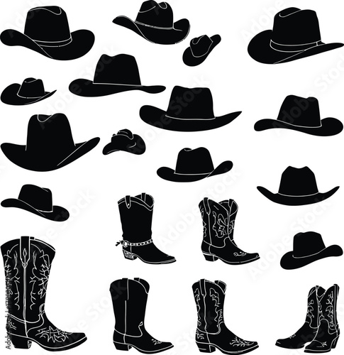 Silhouette Vector Collection Featuring Fifteen Cowboy Hat Designs and Six Western Boot Styles Representing Traditional Western Fashion Elements