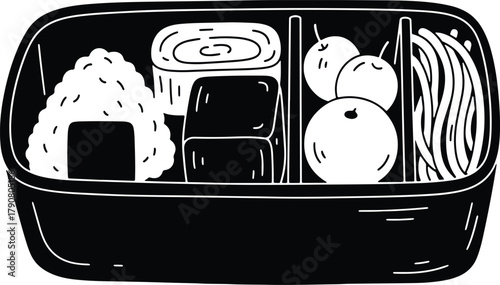 Black and White Bento Box Illustration with Rice and Fruit