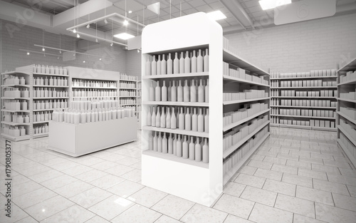 Blanc white 3D supermarket gondola end cap mock-up background render