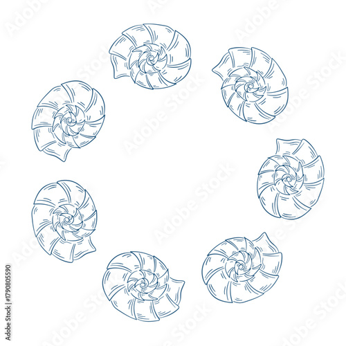 Seashell nautilus wreath in line art style. Undersea, underwater design for seafood store, restaurant and package isolated on a white background.