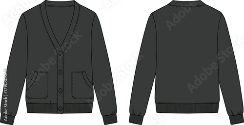 Cardigan sweater flat sketch, front and back view, V-neck, ribbed cuffs, patch pockets, button-down, fashion template, garment illustration