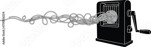 Black and white illustration of pasta maker producing spaghetti noodles
