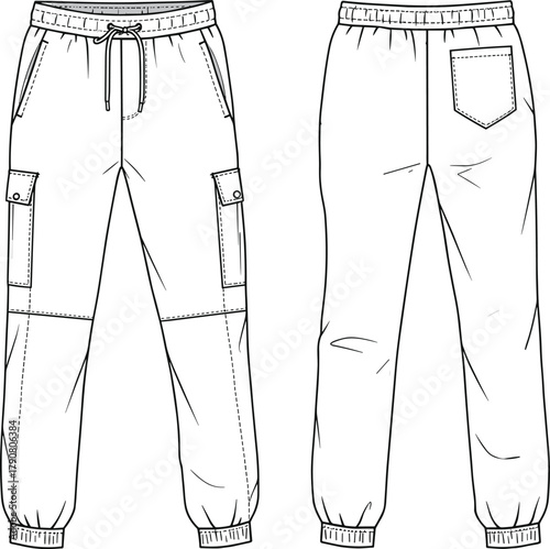 Cargo jogger pants front and back view, technical fashion sketch, flap pockets, drawstring waistband, elastic cuffs, garment design illustration