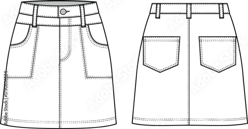 Denim skirt technical sketch, front and back view, belt loops, curved pockets, center seams, patch pockets, garment design, apparel illustration