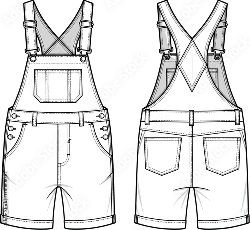 Fashion illustration, short overalls front back view, technical apparel sketch, adjustable straps, chest pocket, casual shorts, garment design drawing, clothing vector