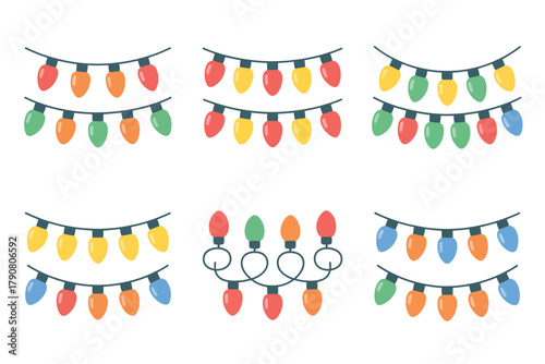 A collection of colorful, festive string lights is displayed across six different arrangements.