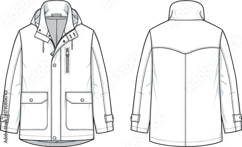 Hooded jacket technical sketch, front and back view, snap collar, flap pockets, drawstring hood, sleeve straps, garment design, apparel
