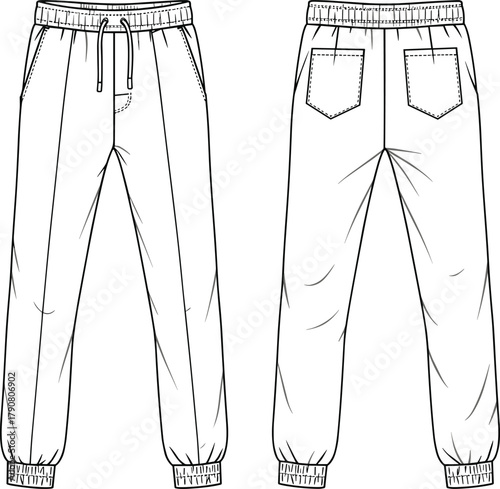 Jogger pants front and back view, technical fashion sketch, elastic waistband, patch pockets, drawstring, ankle cuffs, apparel design illustration