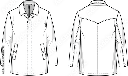 Jacket technical fashion sketch, front and back view, button placket, flap pockets, V-yoke seam, garment design, apparel template, illustration