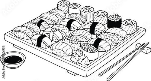 Black and white illustration of various types of sushi arrangement