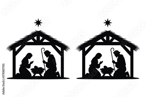 Silhouettes of the Nativity scene with the Virgin Mary, Joseph, and baby Jesus in a stable.