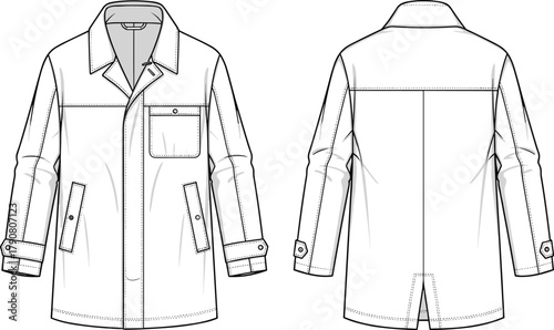 Men’s jacket technical flat sketch, front and back view fashion design, apparel illustration, garment construction drawing, clothing template vector art