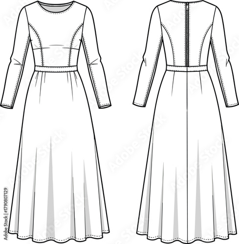 Long sleeve technical fashion sketch, full length dress front and back view, princess seam, pleated skirt, zipper back, fitted bodice