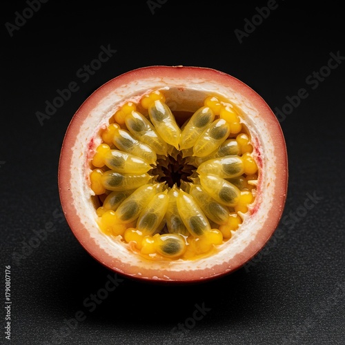 A close-up shot of a halved passionfruit revealing its glistening, golden pulp and numerous edible seeds, bursting with tropical flavor ,tart ,delicious ,seeds