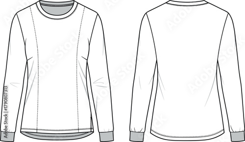 Men’s long sleeve shirt flat sketch, technical fashion illustration, round neckline design, front and back view, apparel template, garment construction