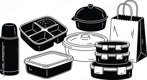 Black and white vector illustration of a variety of food containers