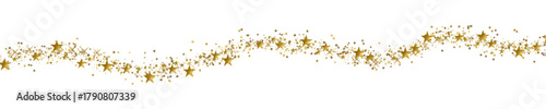 A wave of golden star dust and various sized stars flows on a transparent background, creating a magical and festive feel. Suitable for holiday or celebratory designs.