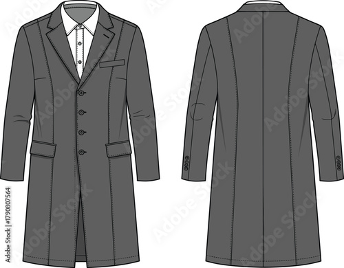 Men’s overcoat flat sketch, technical fashion illustration, tailored long coat design, front and back view, apparel template, garment construction