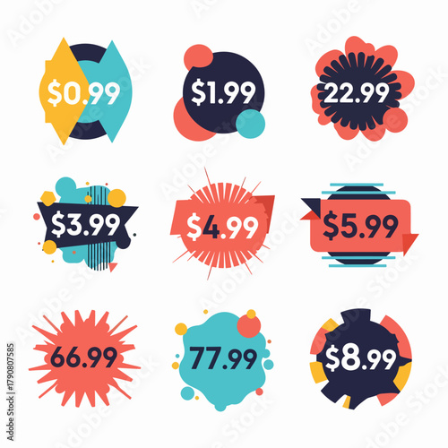 Colorful USD Price stickers set. Sale Dollars Only Offer Badge Sticker Design in Flat Style. Vector illustration