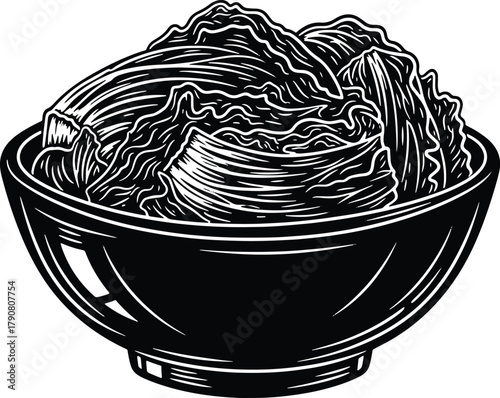 Black and white vector illustration of kimchi in a bowl design