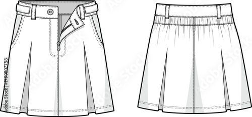 Pleated skirt technical fashion sketch front and back view, waistband with belt loops, button and zipper fly, elastic back detail