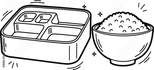 Black and white vector illustration of bento box and rice bowl
