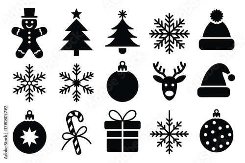 A collection of black and white Christmas icons arranged in rows.