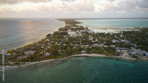 An aerial view of the island of Kiribati in the central Pacific Ocean.