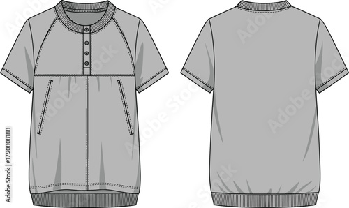 Short sleeve shirt sketch, round neck ribbed collar, button placket design, zippered pockets, ribbed hem casual fashion apparel technical illustration