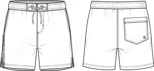 Shorts technical fashion sketch, front and back view, elastic waistband, drawstring tie, patch pocket, faux fly, garment design, apparel
