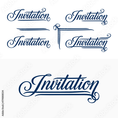 Set of elegant hand-drawn calligraphic “Invitation” lettering designs with graceful flourishes and vintage swashes. Perfect for wedding cards, event templates, or branding. Part of set.