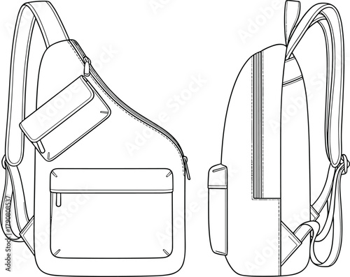 Modern sling backpack line drawing showing front and side view, minimalist travel bag design, stylish shoulder pack illustration for lifestyle