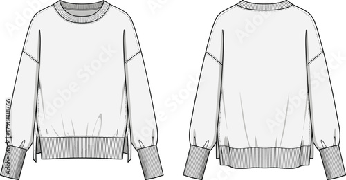Sweatshirt technical flat sketch, front and back view fashion illustration, apparel design template, garment construction drawing, clothing vector art for menswear