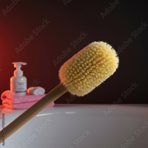 A close-up view of an extended reach bath sponge on a long handle, essential for scrubbing hard-to-reach areas of the body while bathing ,assistive technology ,aid ,accessibility