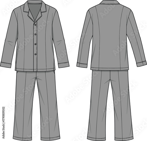 Technical fashion illustration, pajama set front back view, apparel sketch, button up top, elastic waist pants, casual sleepwear garment vector