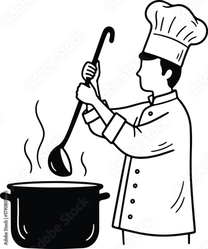 Chef stirring pot with ladle cooking illustration food preparation design