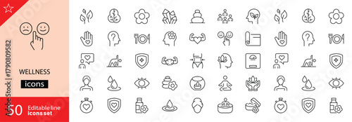 Wellness icons set. Includes symbols of self-care, relaxation, meditation, healthy living, mental well-being, and balanced lifestyle. Editable stroke. Vector illustration. Outline icons.
