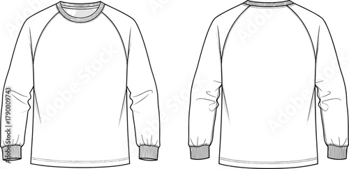 Technical fashion sketch, raglan sleeve sweatshirt front and back view, crew neckline, ribbed cuffs and hem, sporty casual garment drawing