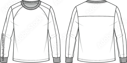 Technical fashion sketch, raglan sleeve crew neck shirt front and back view, contrast rib knit cuffs, sporty casual garment drawing