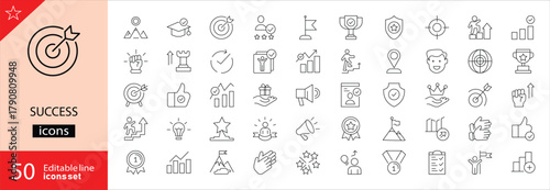 Success icons set. Includes symbols of achievements, trophies, check marks, targets, growth, and winning milestones. Editable stroke. Vector illustration. Outline icons. Perfect for business.
