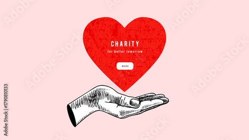 Collage of sketch hands with heart. Valentine's Day greeting card. Charity, foundations, healthcare, rowdfunding, church, volunteering concept. Engraved vintage style. Vector illustration.