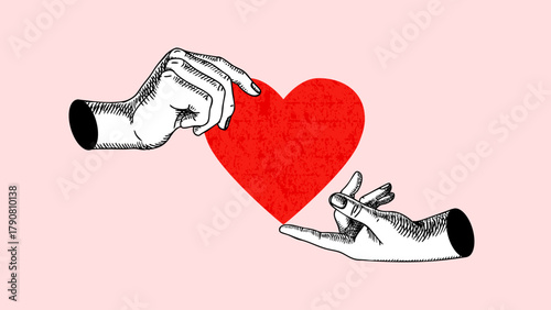Collage of sketch hands with heart. Valentine's Day greeting card. Charity, foundations, healthcare, rowdfunding, church, volunteering concept. Engraved vintage style. Vector illustration.