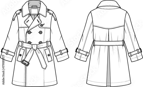 Trench coat technical sketch, fashion flat drawing, front and back view, garment construction, coat design, line art, apparel template