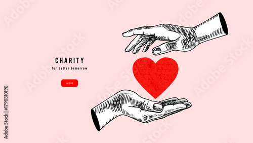 Collage of sketch hands with heart. Valentine's Day greeting card. Charity, foundations, healthcare, rowdfunding, church, volunteering concept. Engraved vintage style. Vector illustration.