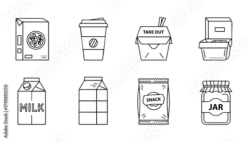 Essential grocery and takeout packaging line icons collection.