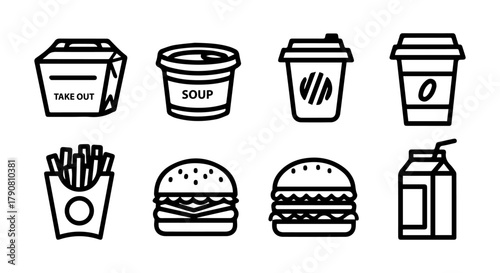 Fast food and drink line art icons for take out and delivery