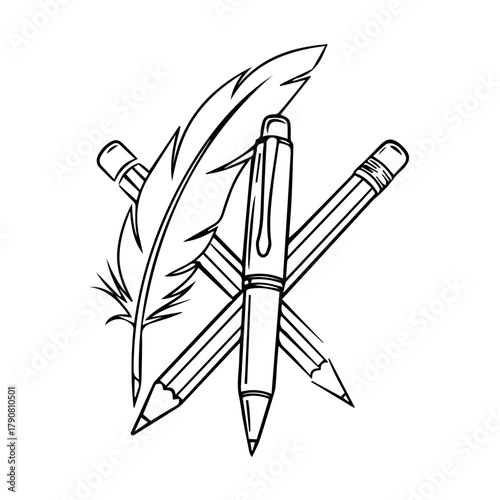 Feather quill, ballpoint pen, pencils line art graphic design