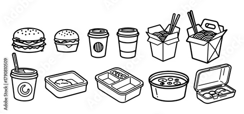 Outline vector icons for fast food and ready meals delivery set