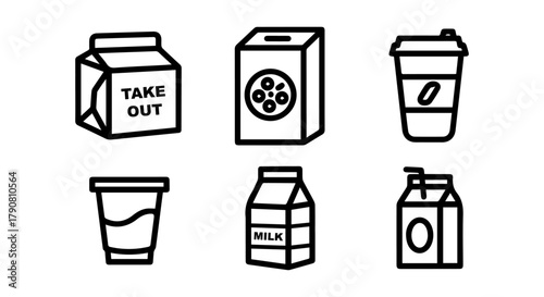 Food and drink packaging outline icons set, takeout coffee milk cereal